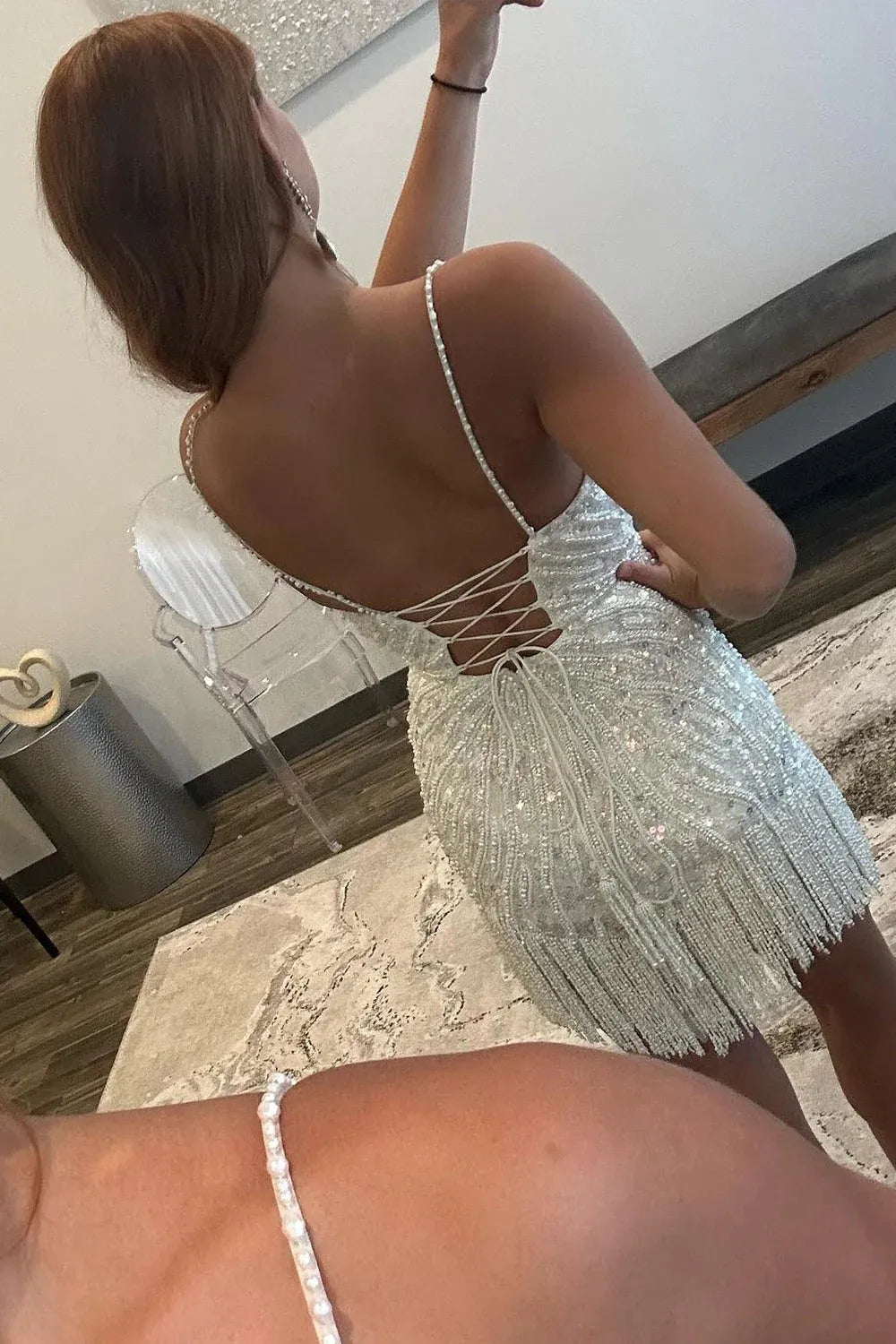 Misshow Sparkly White Beaded Lace-Up Back Tight Short Homecoming Dress/Mini Dress with Fringes