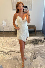 Misshow Sparkly White Beaded Tight Short Homecoming Dress/Mini Dress with Fringes