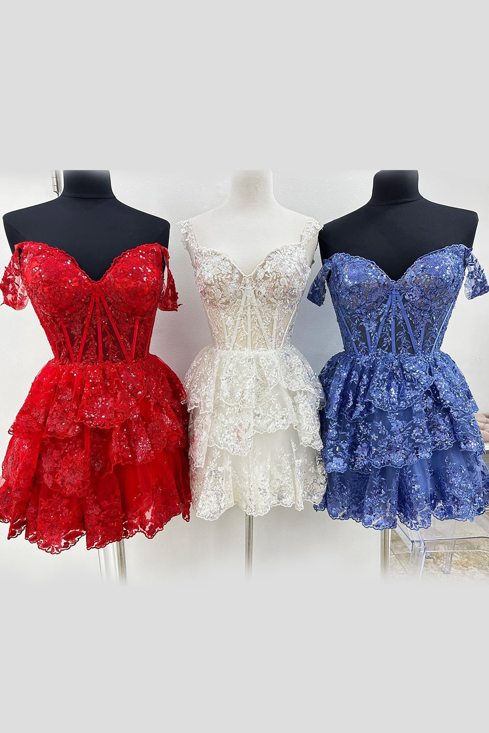 Misshow Sparkly White Corset Tiered Lace A-Line Short Homecoming Dress/Mini Dress