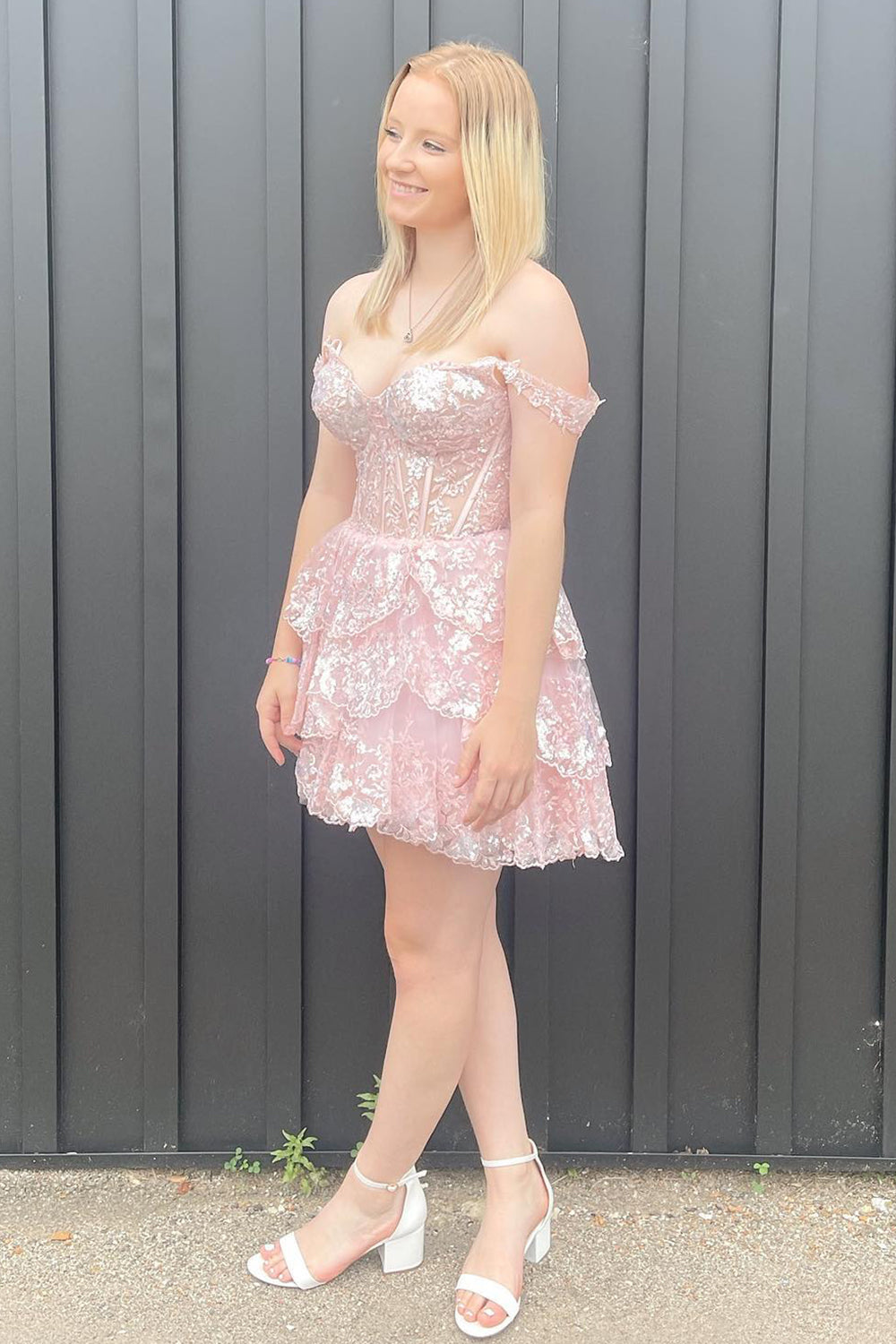 Misshow Sparkly White Corset Tiered Lace A-Line Short Homecoming Dress/Mini Dress