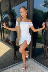 Misshow Sparkly White Off the Shoulder Sequin Tight Homecoming Dress/Mini Dress