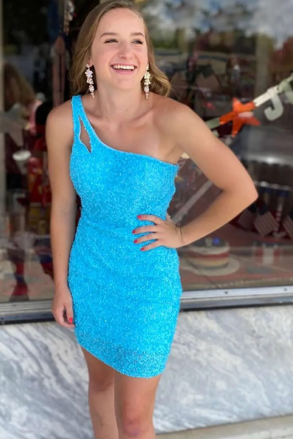 Misshow Sparkly Yellow Open Back One Shoulder Sequins Tight Homecoming Dress/Mini Dress