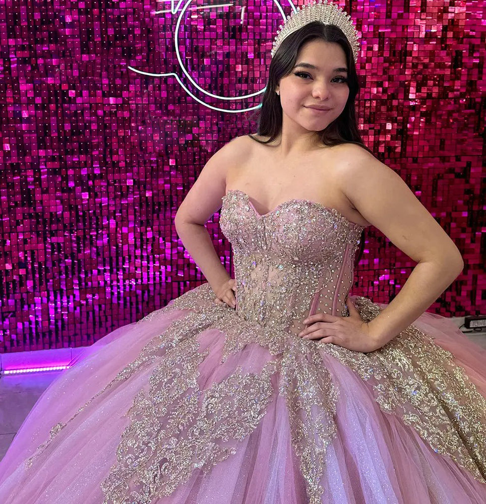 Misshow Strapless Ball Gown Lace Applique & Beaded Pink Tulle Quinceanera Dress for Sweet 16 Princess Formal Evening Party