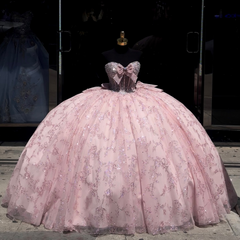 Misshow Strapless Ball Gown Sparkling Sequins & Beaded Bow Detail for Quinceanera Sweet 16 or Birthday Party
