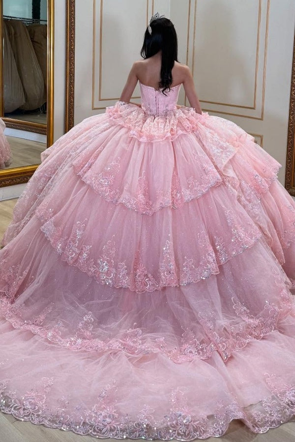 Misshow Strapless Ball Gown with Beaded Ruffles & Sequins Sparkly Tulle Quinceanera Dress for Sweet 16 Birthday & Formal Events