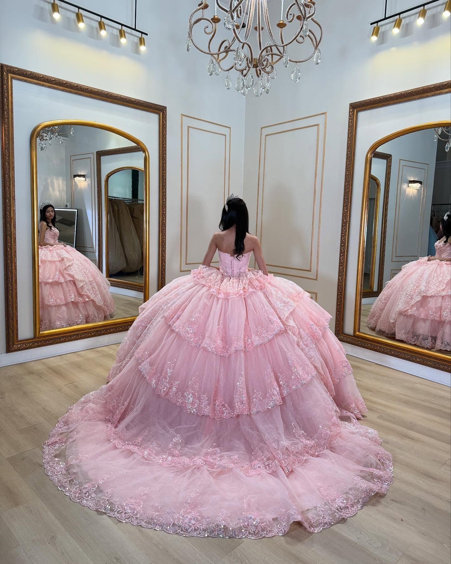 Misshow Strapless Ball Gown with Beaded Ruffles & Sequins Sparkly Tulle Quinceanera Dress for Sweet 16 Birthday & Formal Events