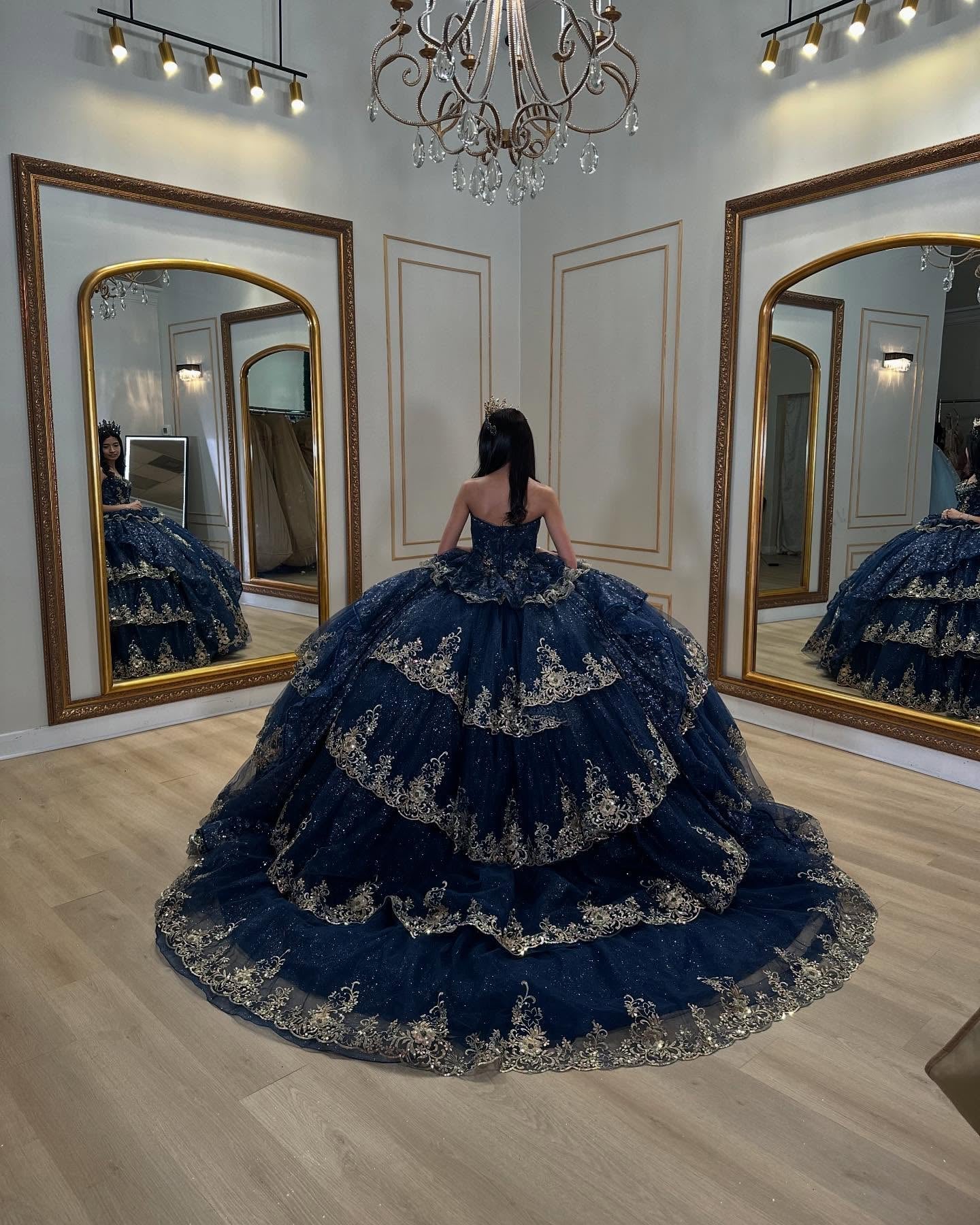 Misshow Strapless Ball Gown with Beaded Ruffles & Sequins Sparkly Tulle Quinceanera Dress for Sweet 16 Birthday & Formal Events