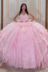 Misshow Strapless Ball Gown with Beaded Ruffles & Sequins Sparkly Tulle Quinceanera Dress for Sweet 16 Birthday & Formal Events