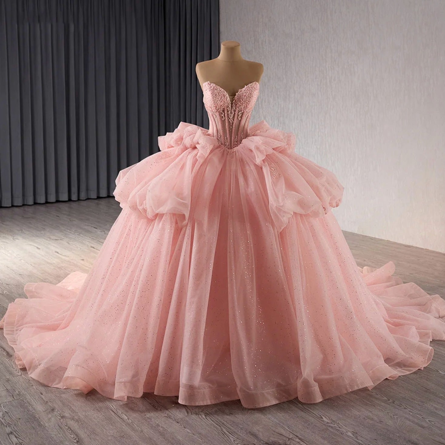 Misshow Strapless Ball Gown with Detachable Sleeves Tiered Tulle Quinceanera Dress with Ruffle Appliques & Bow Detail for Sweet 16 & Princess Parties