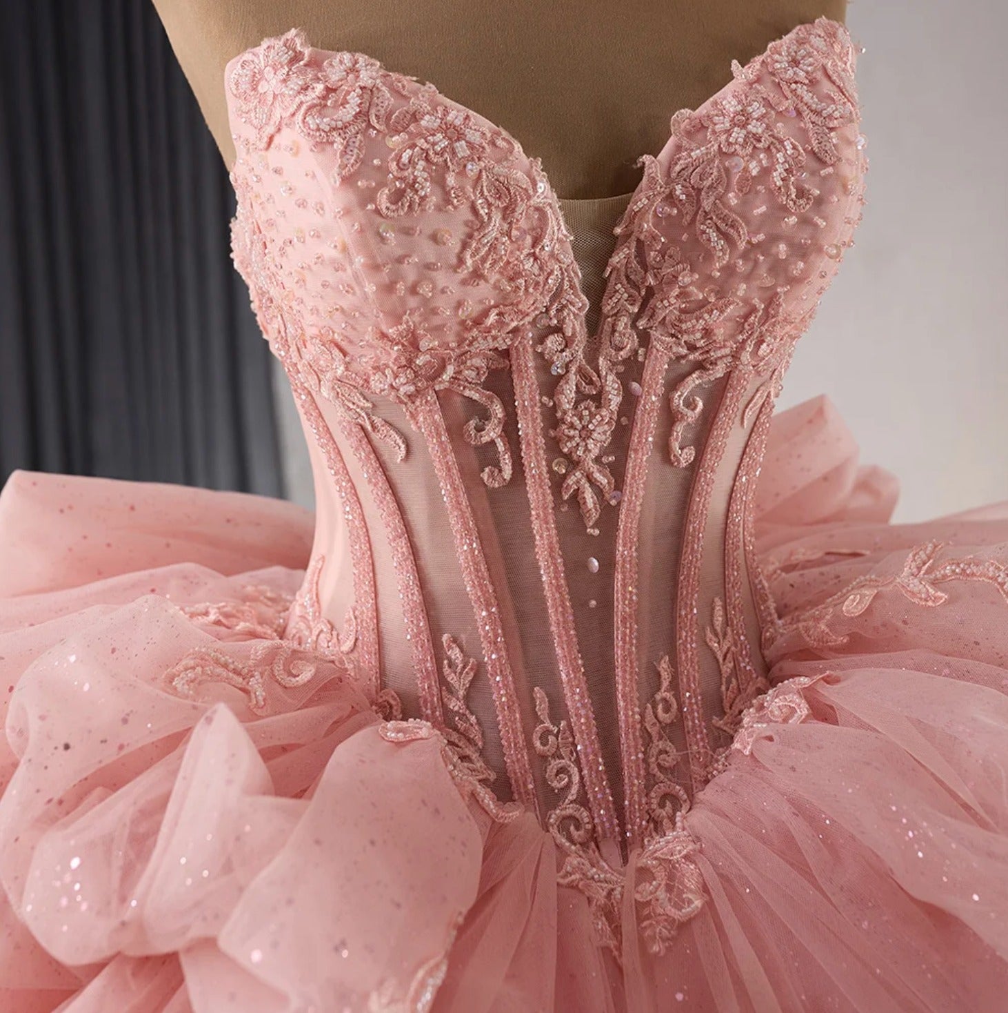 Misshow Strapless Ball Gown with Detachable Sleeves Tiered Tulle Quinceanera Dress with Ruffle Appliques & Bow Detail for Sweet 16 & Princess Parties