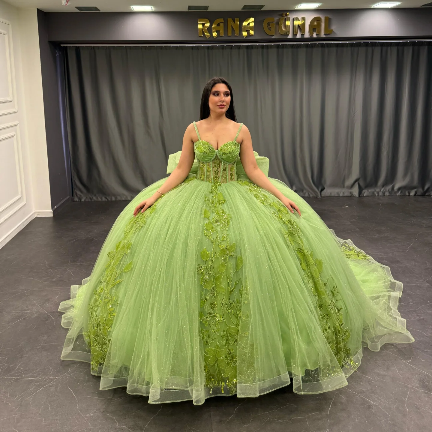 Misshow Strapless Green Tulle Quinceanera Dress with Sequins Beaded Appliques & Pleated Bow Perfect for Birthday Parties & Special Occasions