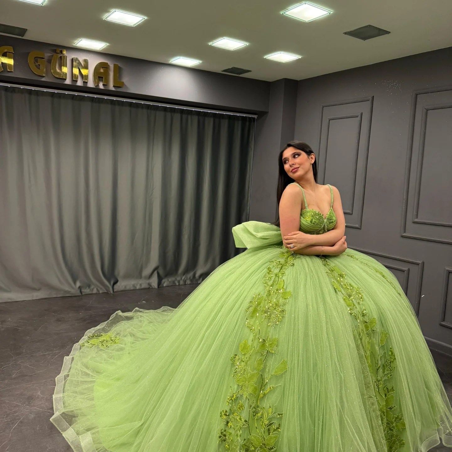 Misshow Strapless Green Tulle Quinceanera Dress with Sequins Beaded Appliques & Pleated Bow Perfect for Birthday Parties & Special Occasions