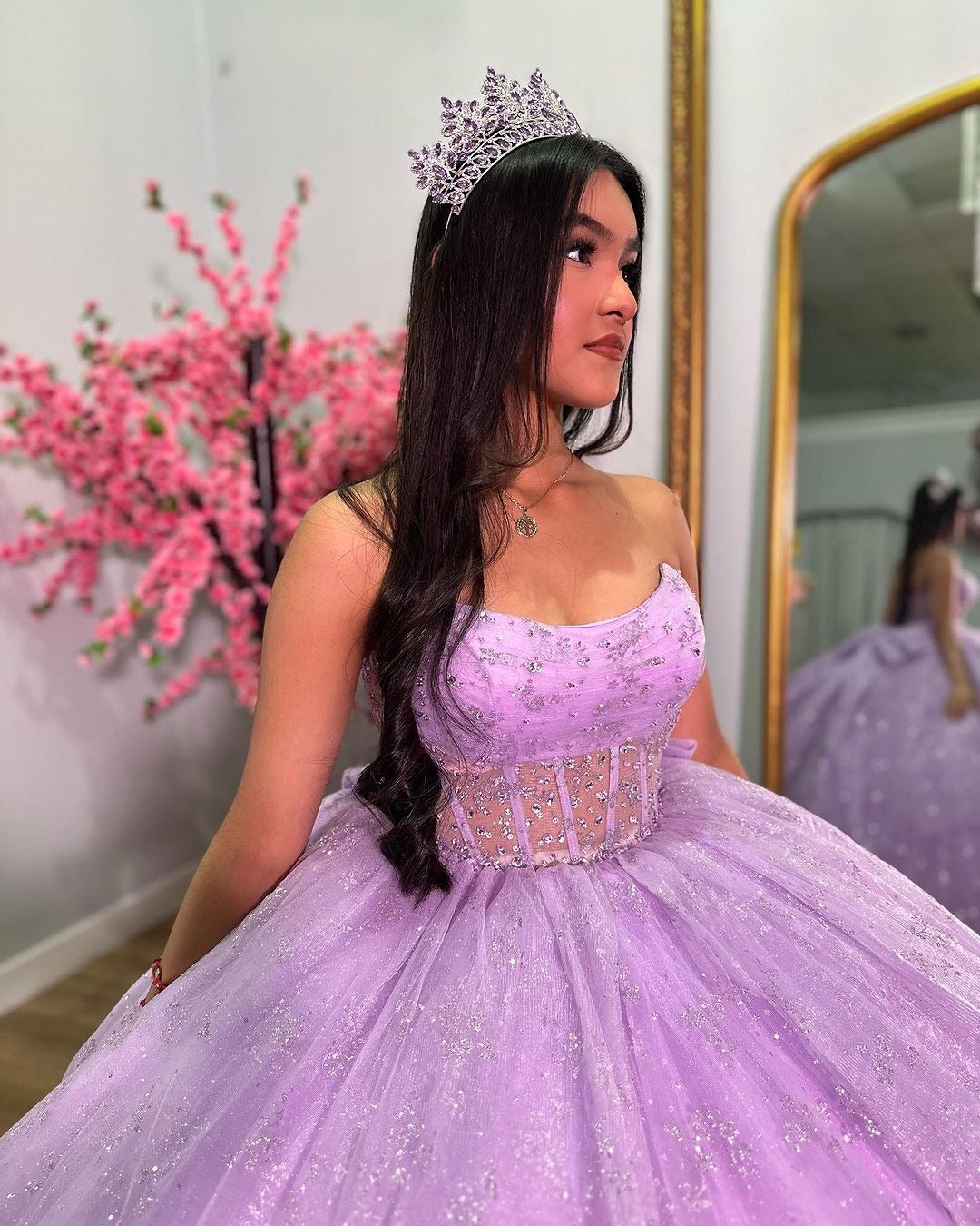 Misshow Strapless Lilac Tulle Quinceanera Dress Tiered Ball Gown with Bow Detail for Sweet 16 & Princess Evening Parties