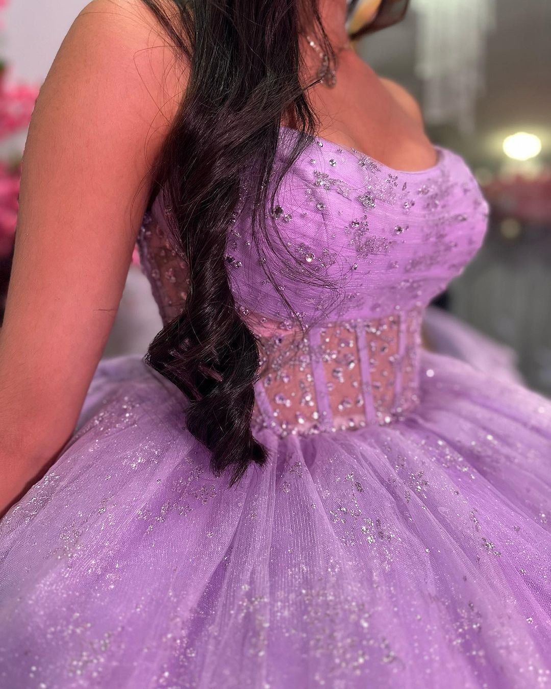 Misshow Strapless Lilac Tulle Quinceanera Dress Tiered Ball Gown with Bow Detail for Sweet 16 & Princess Evening Parties