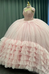 Misshow Sweetheart Neckline Ball Gown with Beaded Appliques Baby Pink Tulle Quinceanera & Sweet 16 Formal Evening Dress