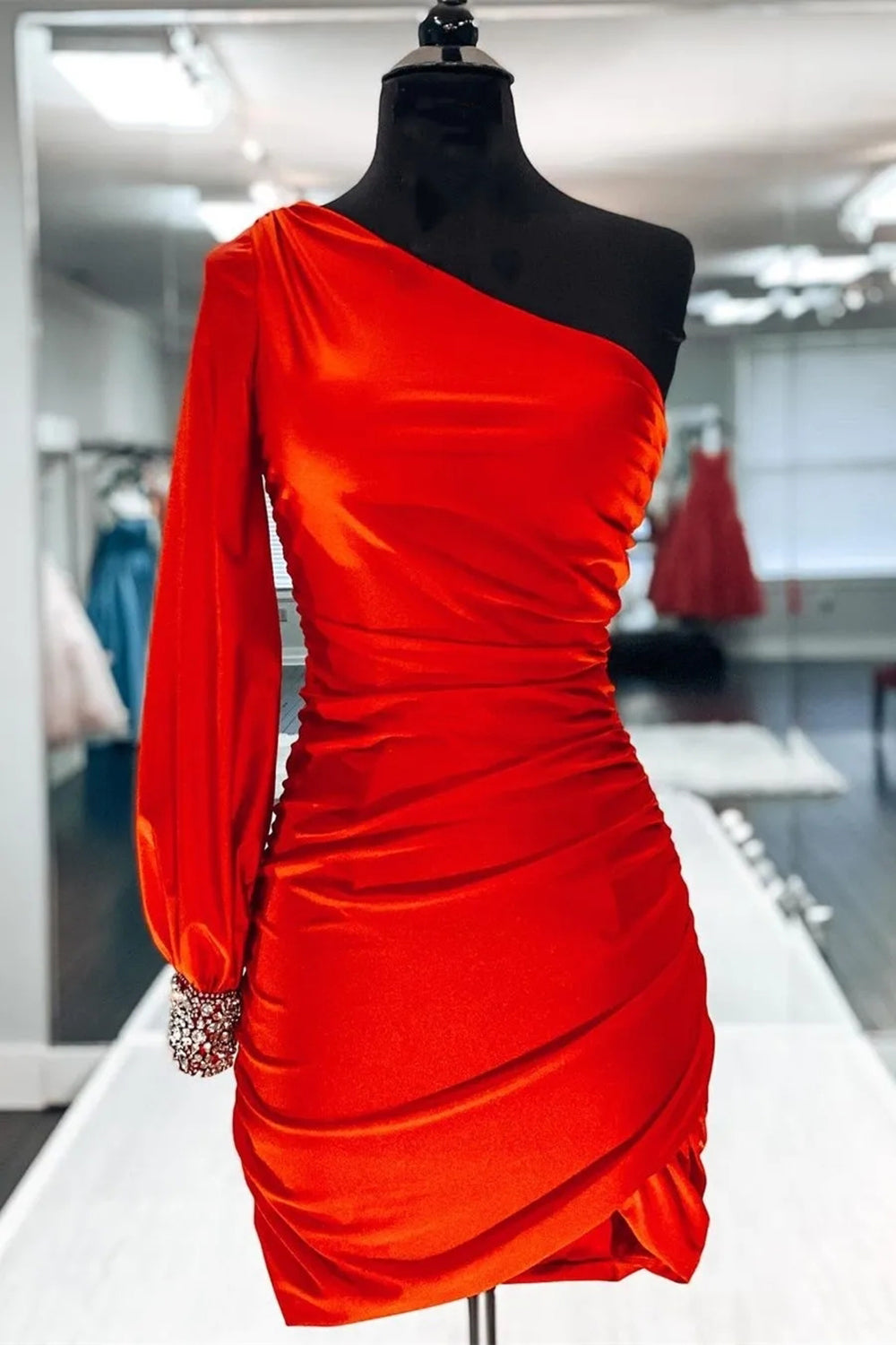 Misshow Tight Fuchsia Ruched Homecoming Dress/Mini Dress with Sleeves
