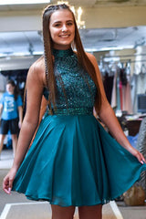 Misshow Turquoise Halter Open Back Short Homecoming Dress/Mini Dress with Sequins