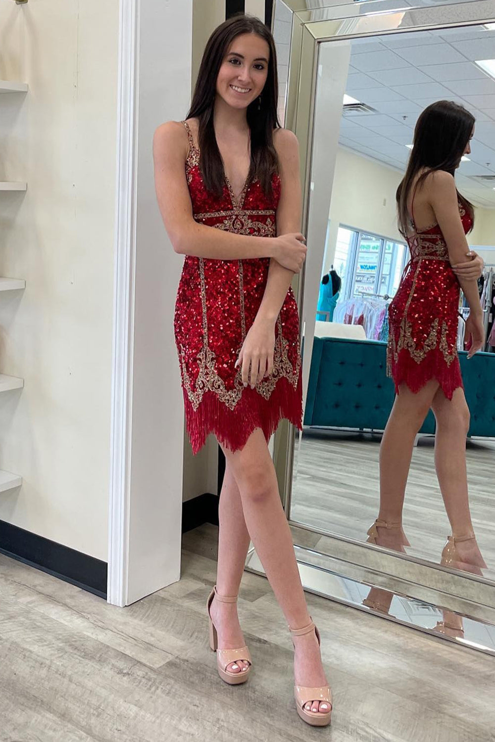 Misshow Turquoise Sequined Homecoming Dress/Mini Dress With Fringes