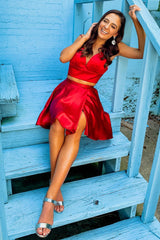 Misshow Two Piece Red Short Homecoming Dress/Mini Dress with Bowknot
