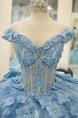 Misshow V-Neck Ball Gown with Detachable Long Sleeves Sparkling Baby Blue Tulle Quinceanera Dress with 3D Floral Appliques for Sweet 16 Birthday & Formal Events