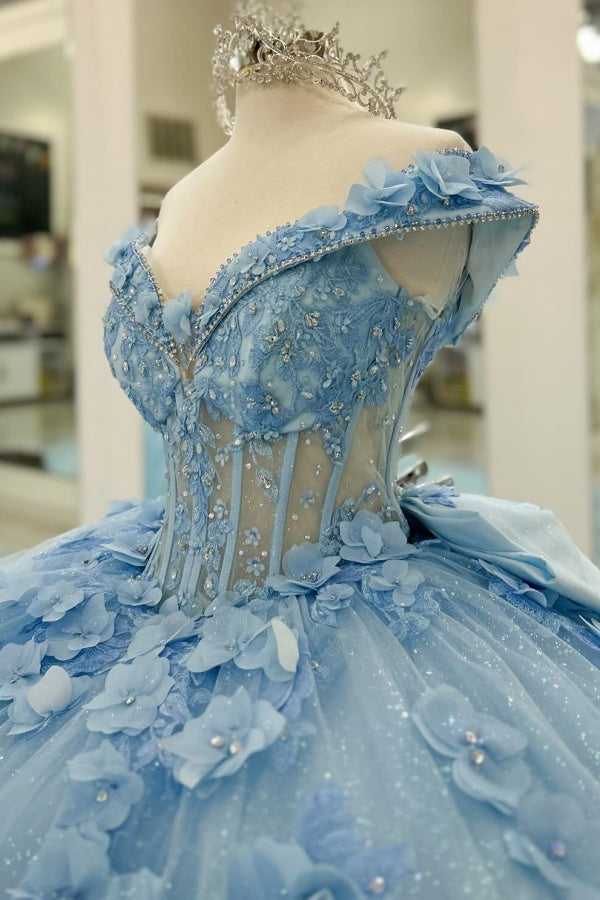 Misshow V-Neck Ball Gown with Detachable Long Sleeves Sparkling Baby Blue Tulle Quinceanera Dress with 3D Floral Appliques for Sweet 16 Birthday & Formal Events