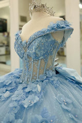 Misshow V-Neck Ball Gown with Detachable Long Sleeves Sparkling Baby Blue Tulle Quinceanera Dress with 3D Floral Appliques for Sweet 16 Birthday & Formal Events