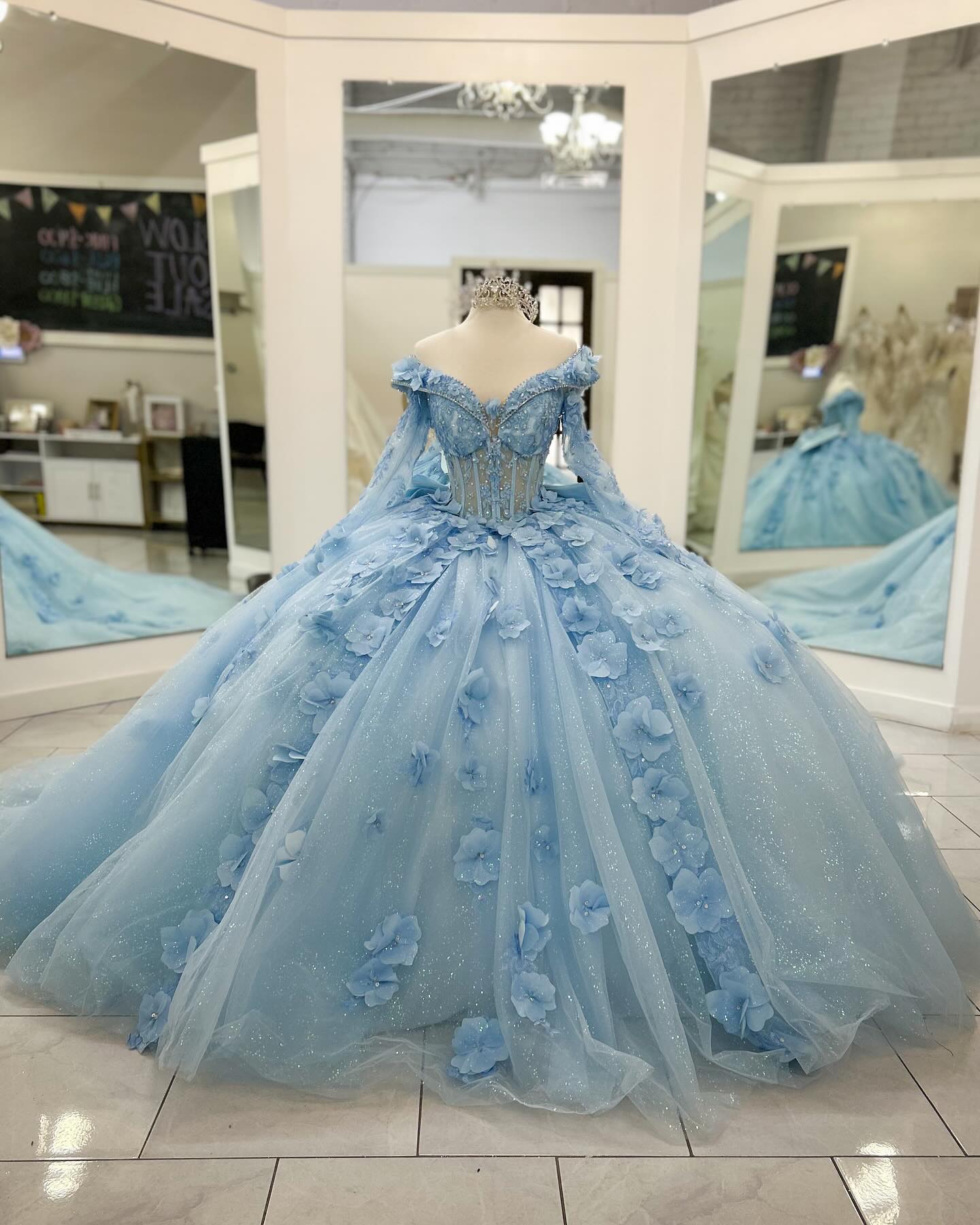 Misshow V-Neck Ball Gown with Detachable Long Sleeves Sparkling Baby Blue Tulle Quinceanera Dress with 3D Floral Appliques for Sweet 16 Birthday & Formal Events