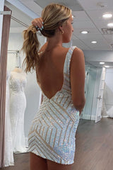 Misshow White Sequins V-Neck Tight Homecoming Dress/Mini Dress