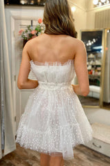 Misshow White Tulle Strapless A Line Short Homecoming Dress/Mini Dress with Polka Dots