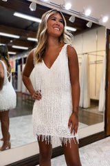 Misshow White V-Neck Backless Tight Short Homecoming Dress/Mini Dress with Fringes