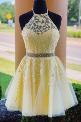 Misshow Yellow A Line Halter Backless Homecoming Dress/Mini Dress