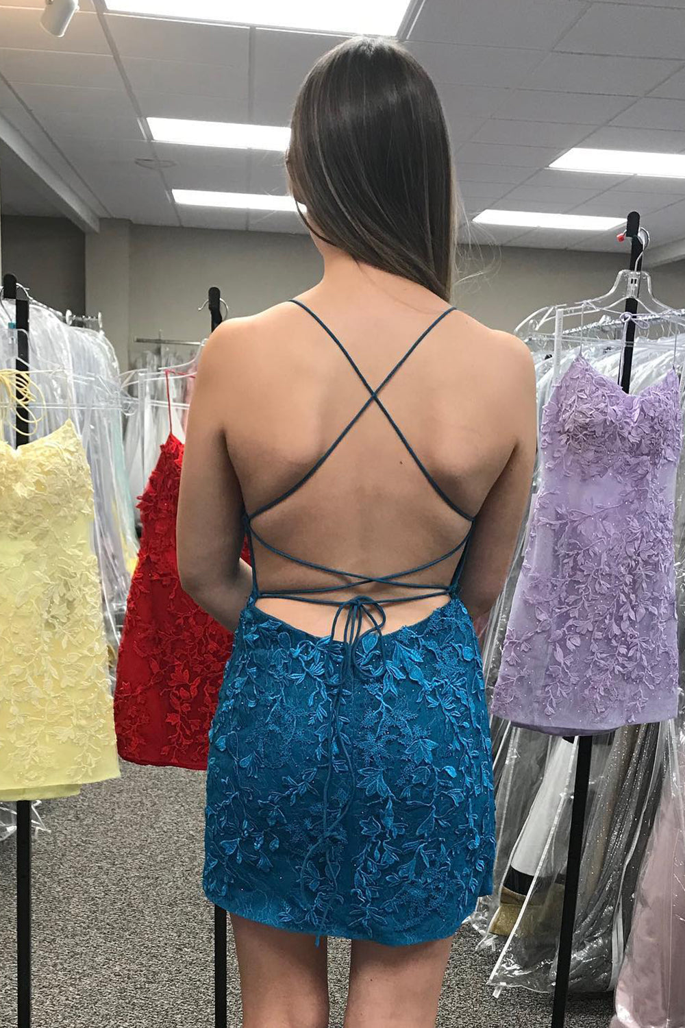 Misshow Yellow Spaghetti Straps Lace Tight Short Homecoming Dress/Mini Dress
