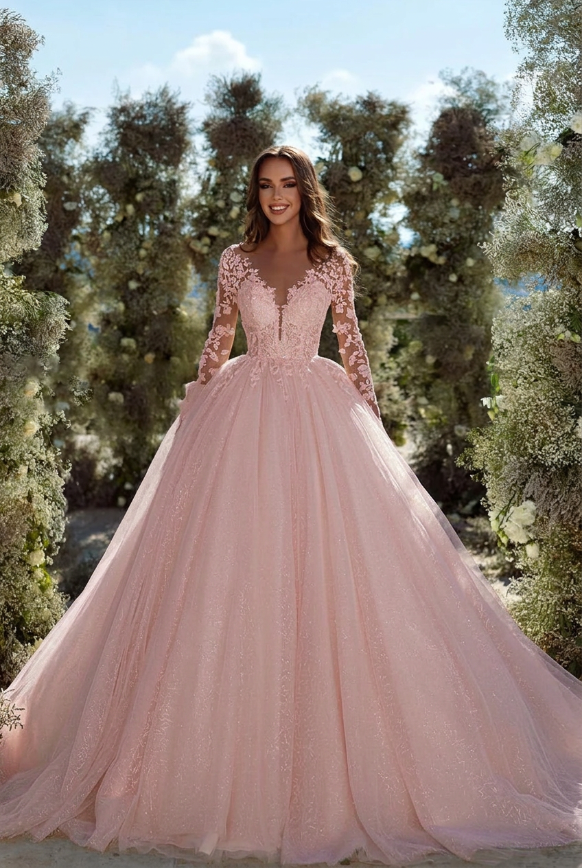 Blushing pink v-neck applique A-line wedding dress