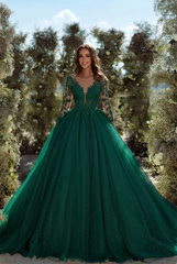Dark green v-neck applique A-line wedding dress