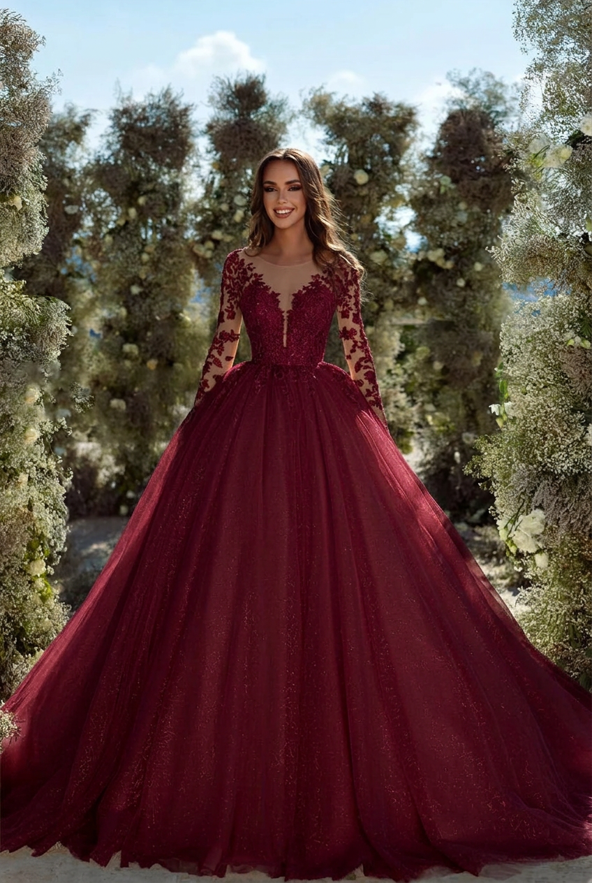 Burgundy v-neck applique A-line wedding dress