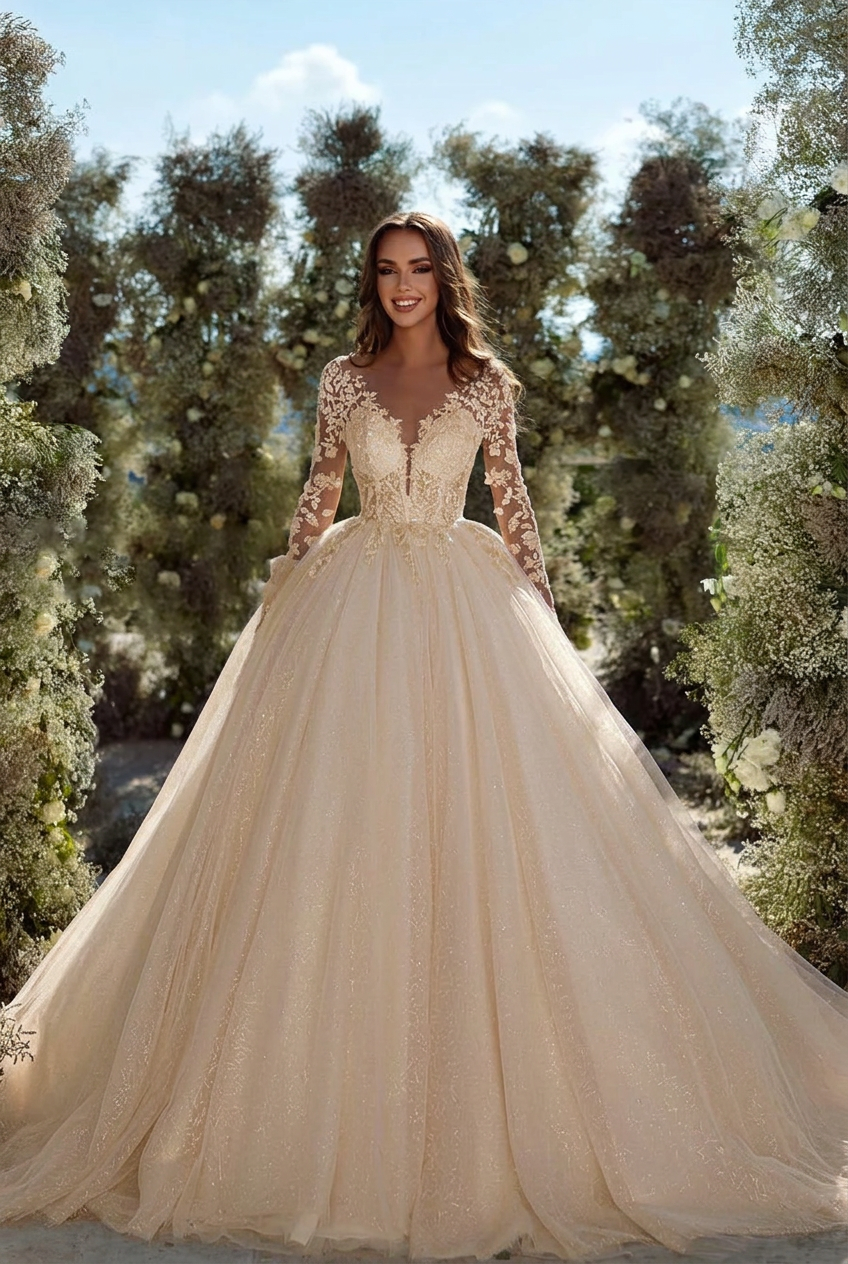 Champagne v-neck applique A-line wedding dress