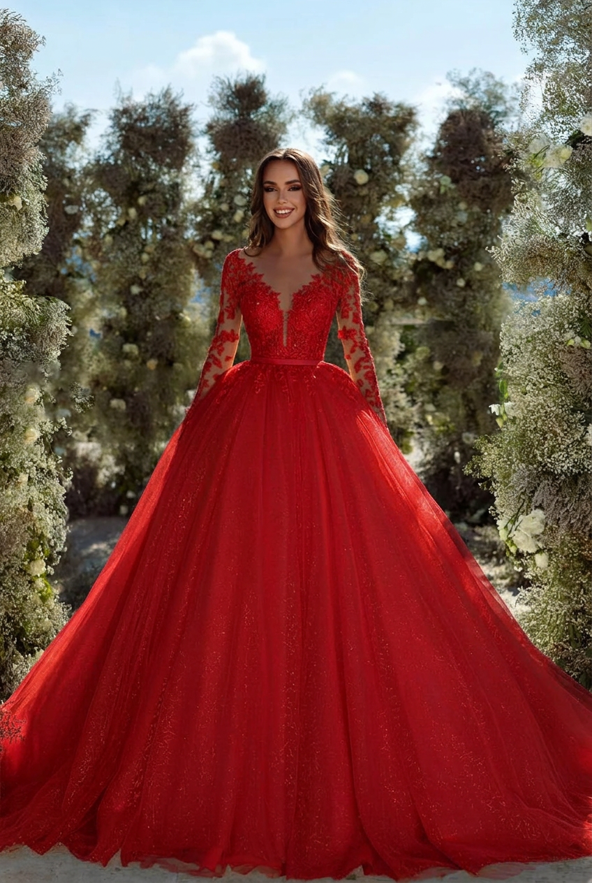 Red v-neck applique A-line wedding dress
