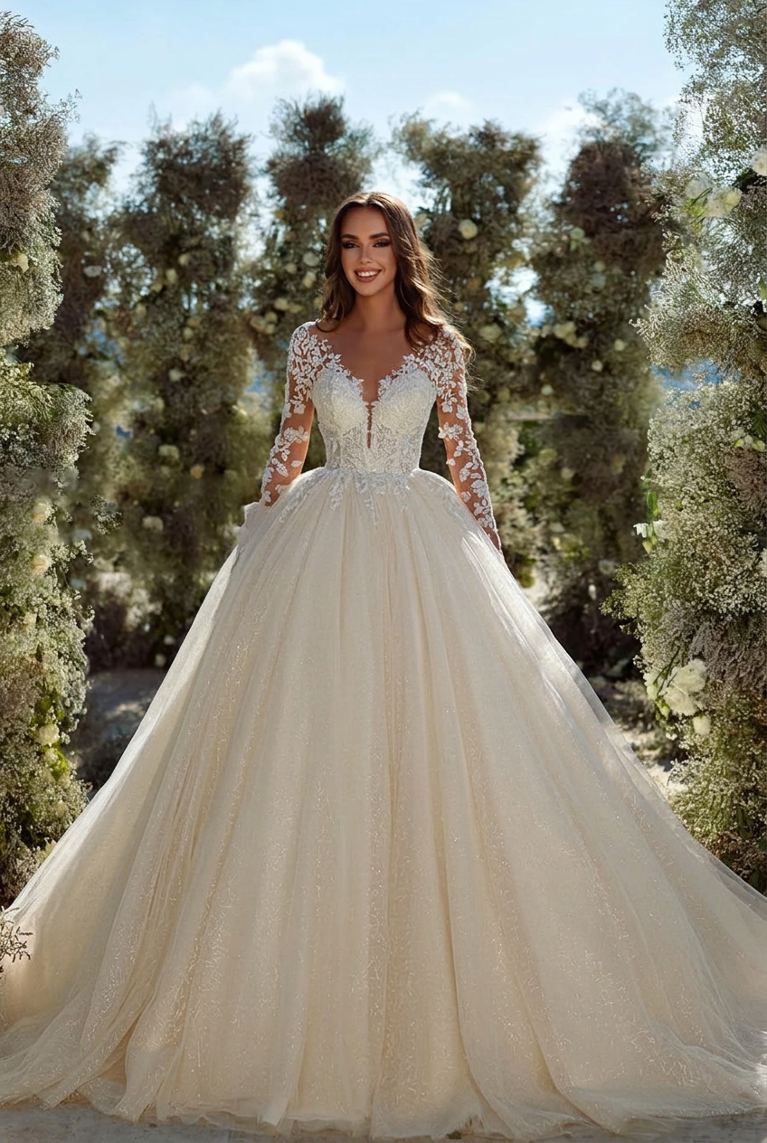 Ivory v-neck applique A-line wedding dress