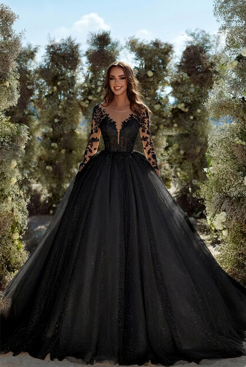 Black v-neck applique A-line wedding dress