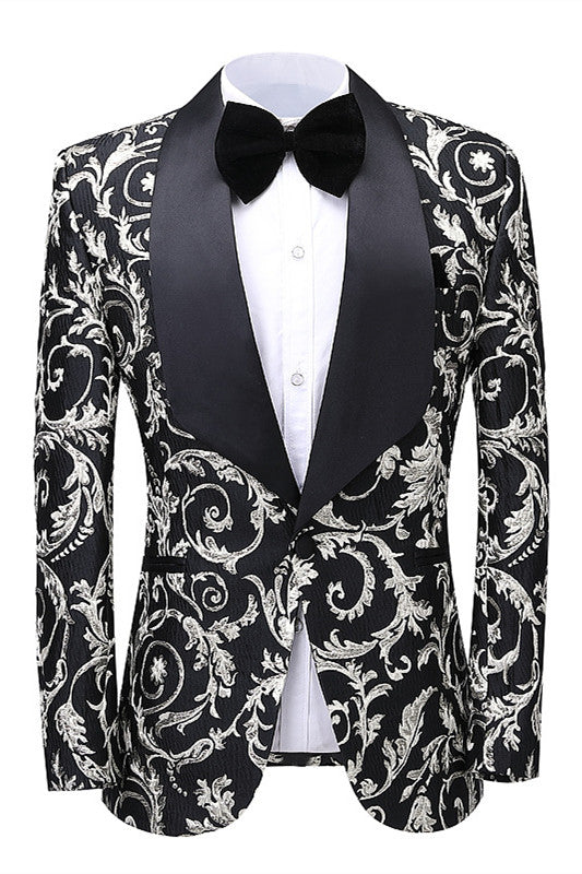 Modern Black Jacquard Shawl Collar Groom's Wedding Suit