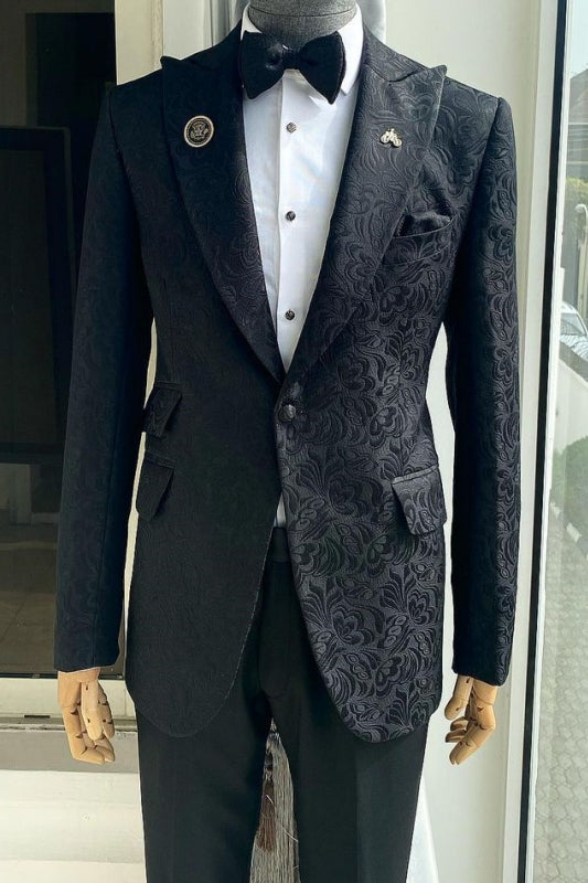 Modern Black Peaked Lapel Two-Piece Jacquard Prom Suit