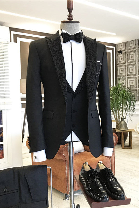 Modern Black Three-Piece Prom Suit With Jacquard Peaked Lapel