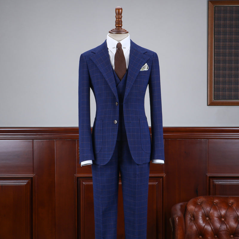 Modern Blue Plaid Three Pieces Slim Fit Business Suit