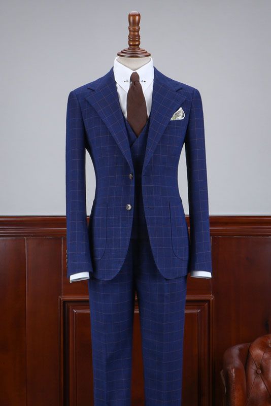 Modern Blue Plaid Three Pieces Slim Fit Business Suit