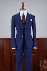 Modern Blue Plaid Three Pieces Slim Fit Business Suit