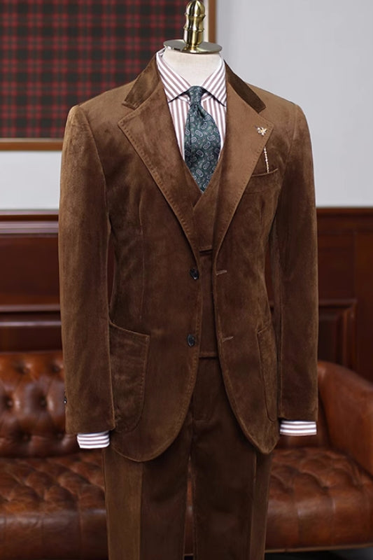 Modern Brown Notched Lapel Three-Piece Velvet Prom Suit