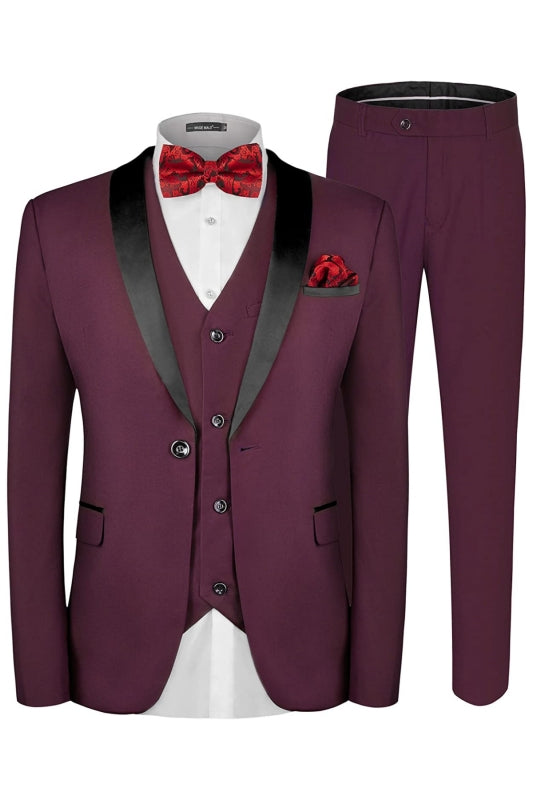 Modern Burgundy Shawl Collar Three-Piece Groom's Wedding Suit