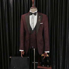 Modern Burgundy Three-Piece Jacquard Peaked Lapel Men’s Wedding Suits