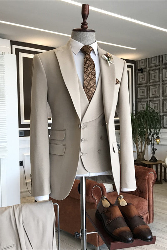 Modern Champagne Peaked Lapel Three-Piece Prom Suit