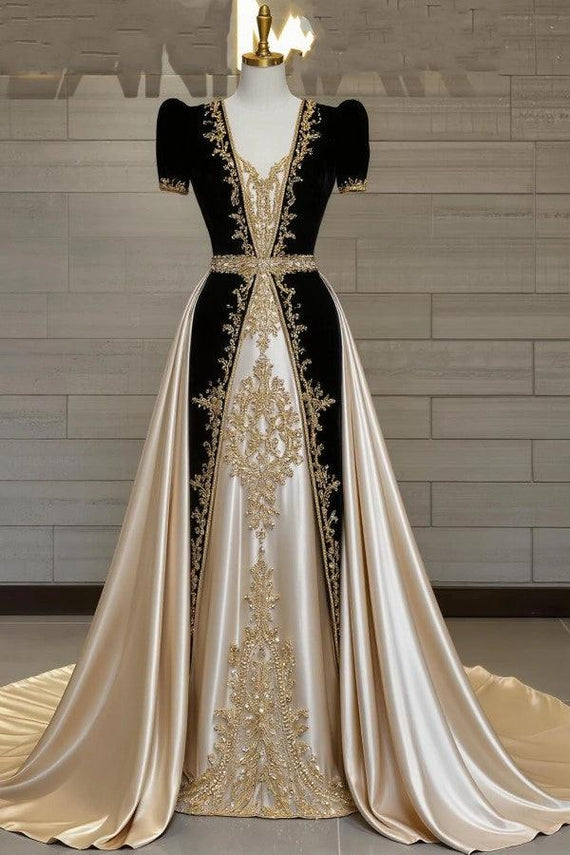 Modern Champagne and Black V-Neck Short Sleeves A-line Formal Dress wi –
